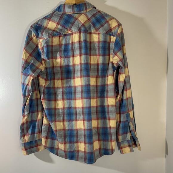 Wrangler Western Plaid Flannel Shirt | Blue, Red, Yellow Stretch Cotton Blend - Picture 6 of 6